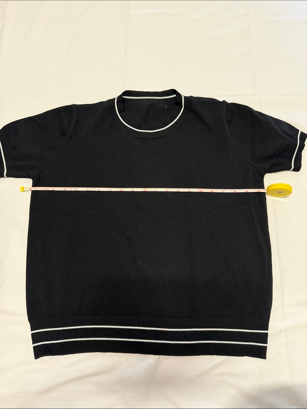 Black Short-Sleeve Knit Sweater with White Trim